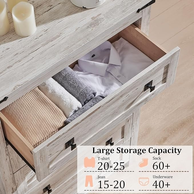 48 Inch Tall Farmhouse Wood Dresser, 5 Drawer Chest of Drawers for Bedroom