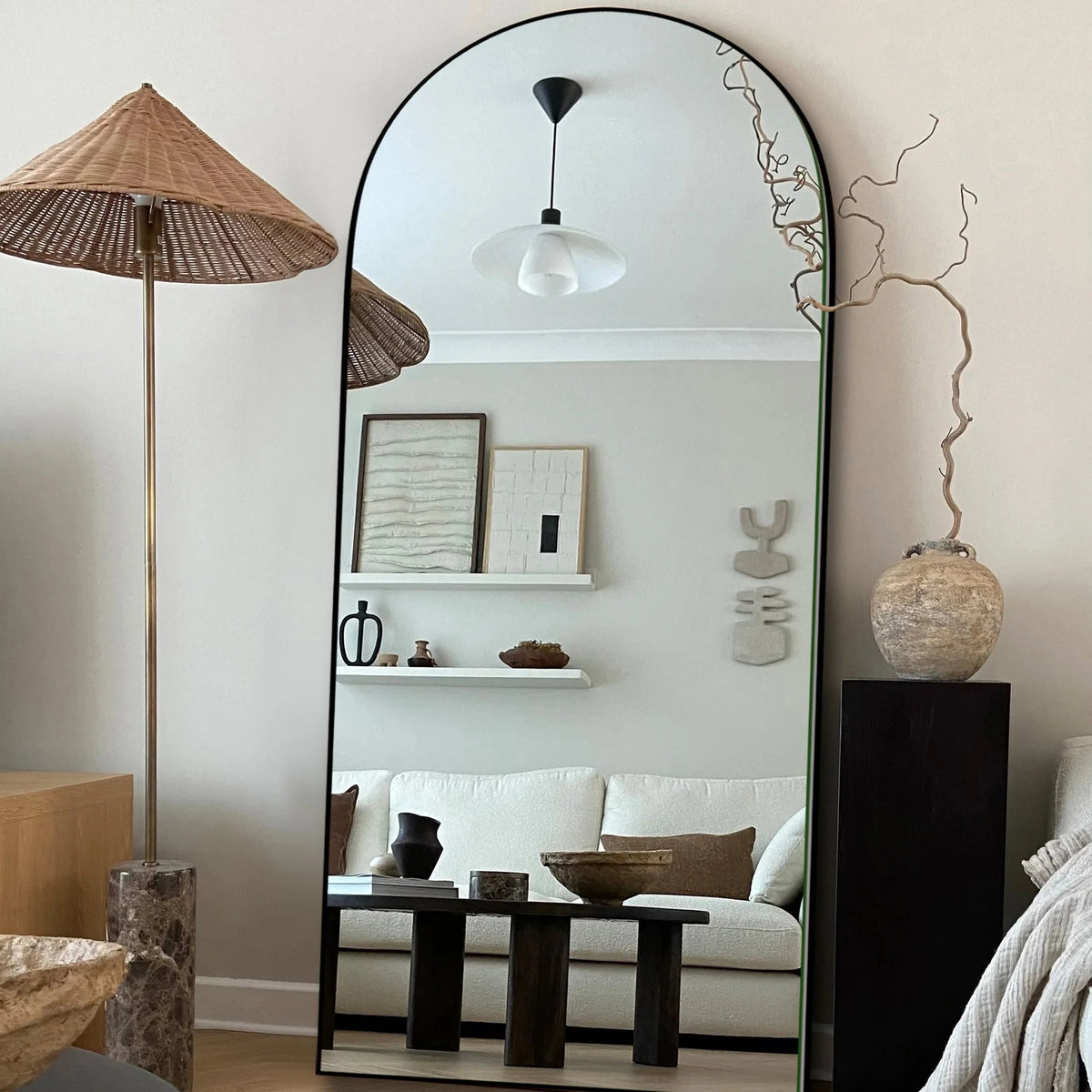 Arched Full Length Wood Floor Mirror, Full Body Standing and Wall Mounted Mirror for Bedroom, Living Room and Home Decor