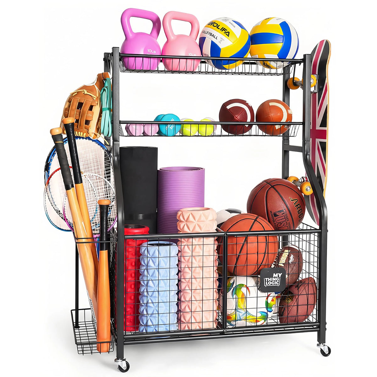 Garage Ball Storage Organizer for Sports Equipment, Sports Ball Rack for Home, Garage and Gym
