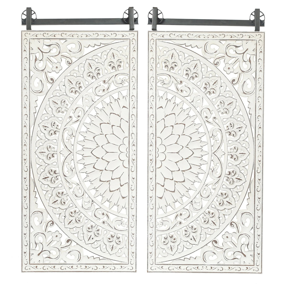 Set of 2 Distressed Ivory White Wood Flower Wall Art with Black Accents