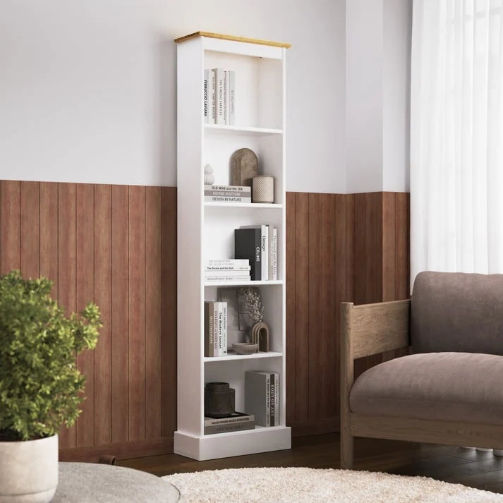 Tall Narrow Wood Bookcase, Slim Freestanding Bookshelf for Small Spaces, Home Office and Living Room
