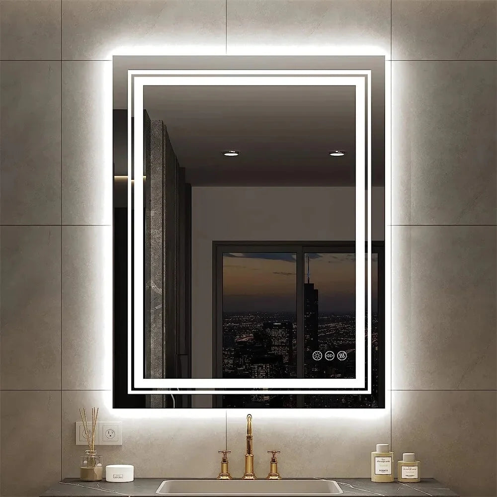 Extra Large LED Lighted Bathroom Mirror, Anti-Fog Wall Mounted Vanity Mirror with 3 Colors