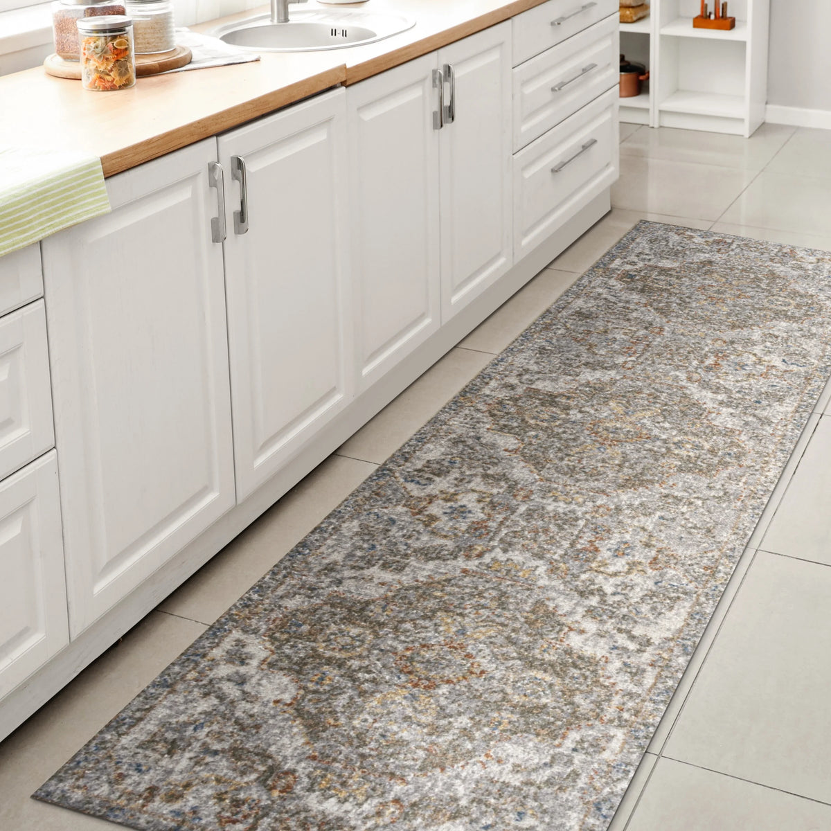 Bohemian Medallion Low-Pile Machine-Washable Area Rug, Cream and Terra