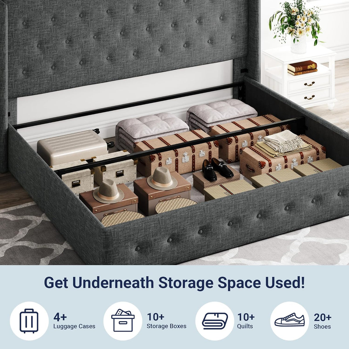 Queen Size Lift Up Storage Bed with Wingback Headboard, Upholstered Platform Bed Frame with Hidden Storage