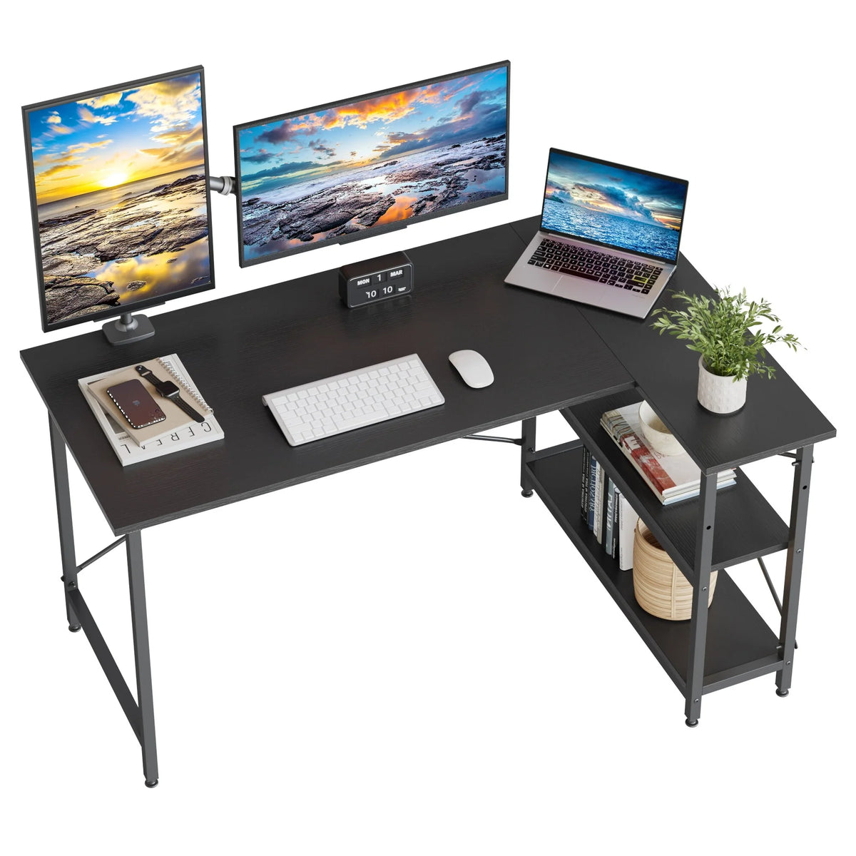 Small L Shaped Computer Desk with Storage Shelves, Compact Corner Workstation for Home Office and Study