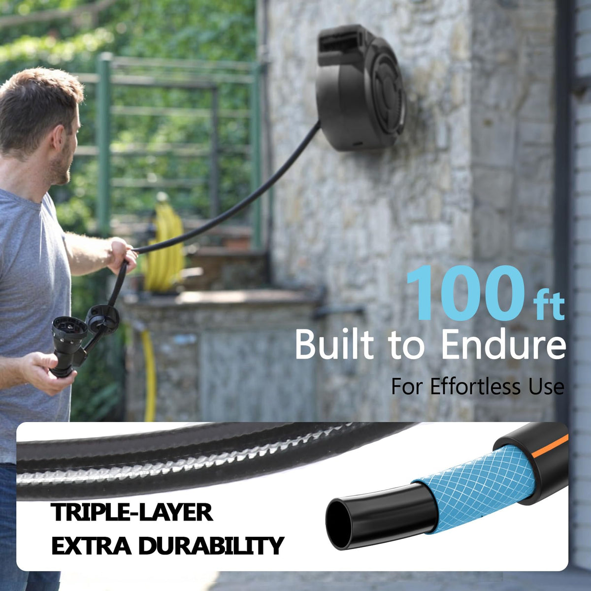 100 ft Wall Mounted Garden Hose Reel, 1/2 Inch Hose with 180掳 Swivel