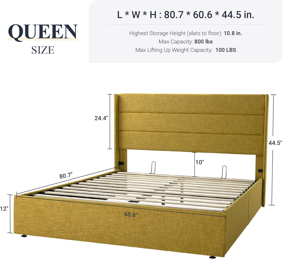 Queen Size Lift Up Storage Bed with Wingback Headboard, Upholstered Platform Bed Frame with Hidden Storage