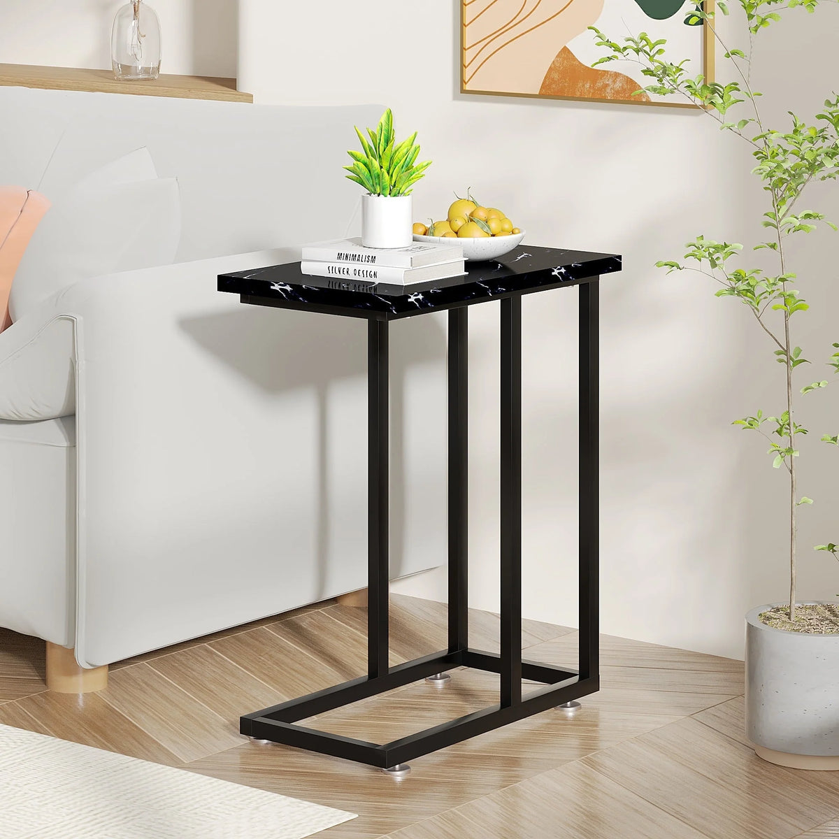 Set of 2 C-Shaped Sofa Side Tables, Small End Tables for Living Room, Bedside and TV Tray