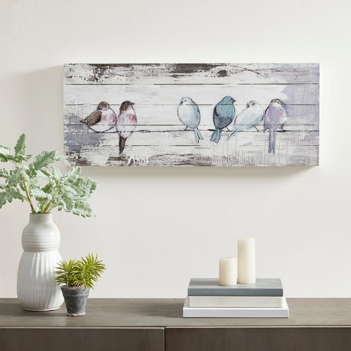Hand Painted Perched Birds Wood Plank Wall Decor, White and Grey Decorative Wall Art