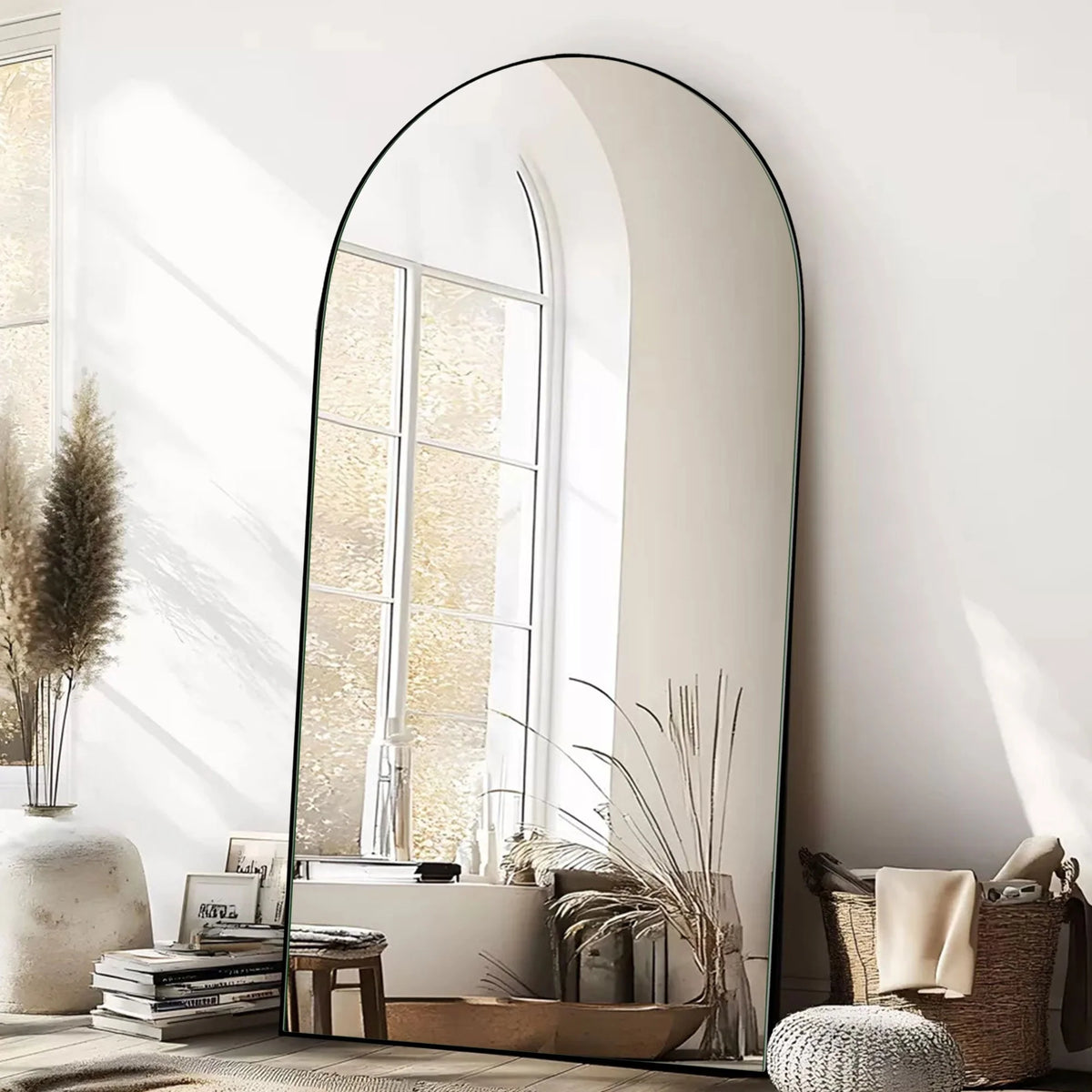 Arched Full Length Wood Floor Mirror, Full Body Standing and Wall Mounted Mirror for Bedroom, Living Room and Home Decor