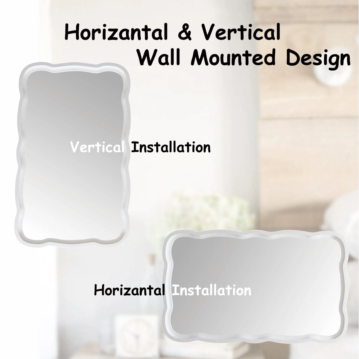 Curved Scallop Wood Frame Accent Mirror, Modern Decorative Wall Mirror for Living Room, Bedroom and Entryway