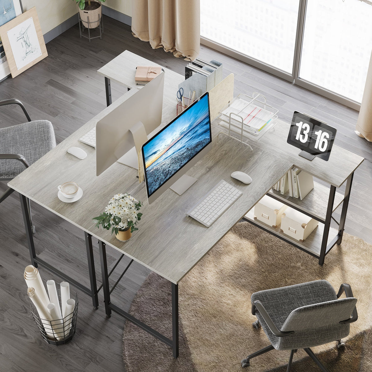 Small L Shaped Computer Desk with Storage Shelves, Compact Corner Workstation for Home Office and Study