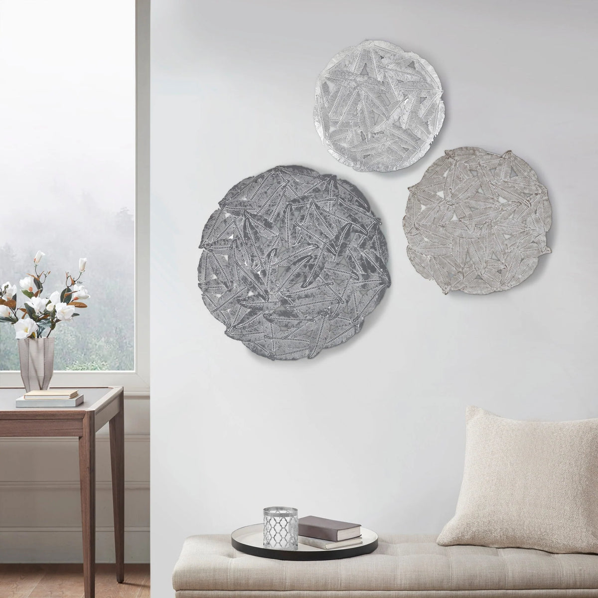 Textured Feather 3-Piece Metal Disc Wall Decor Set, Decorative Wall Art for Home