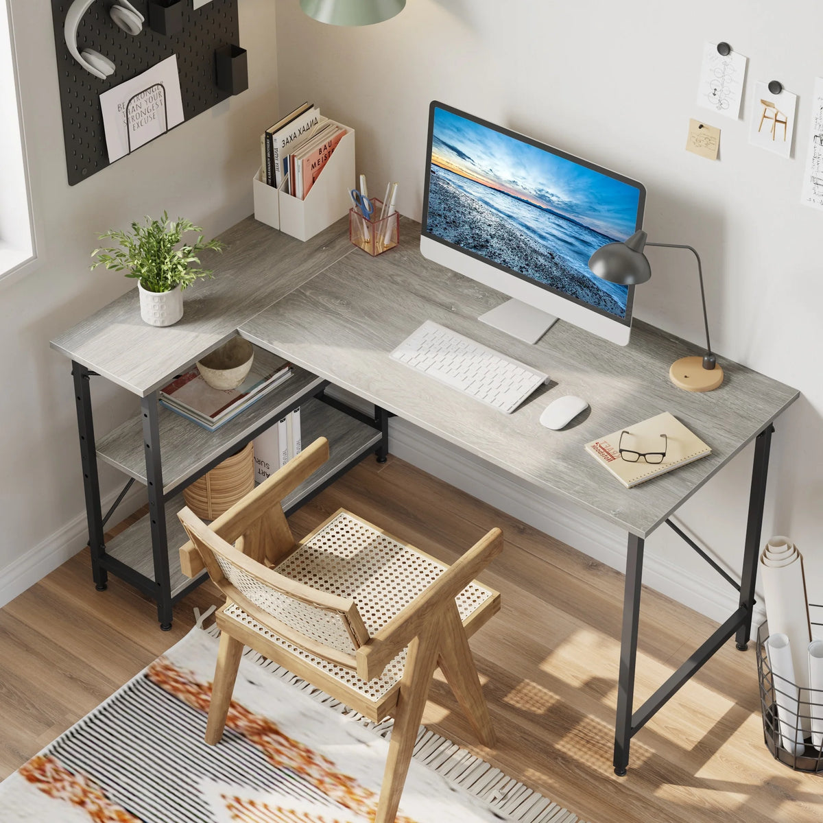 Small L Shaped Computer Desk with Storage Shelves, Compact Corner Workstation for Home Office and Study