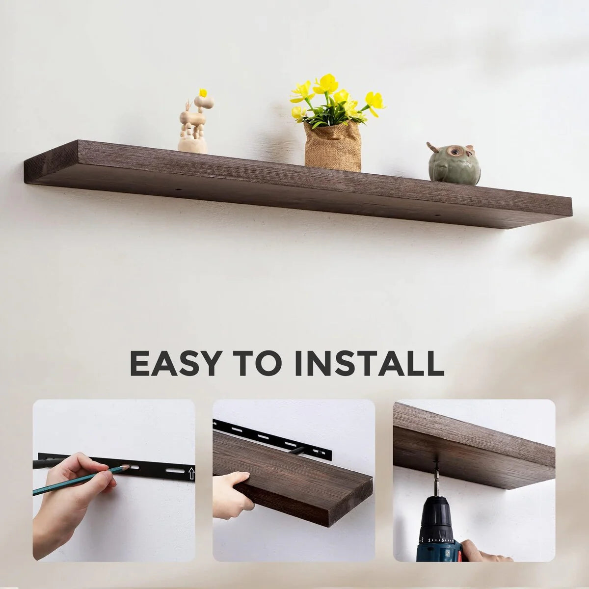 Set of 2 Handcrafted European Pine Floating Wall Shelves, Natural Rustic Wood