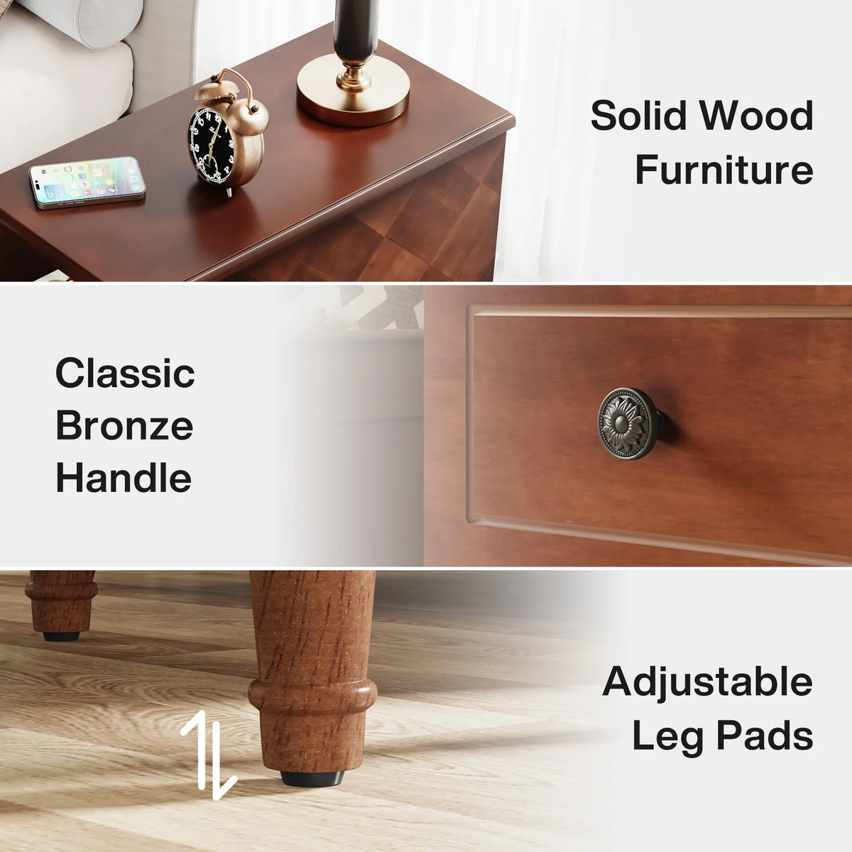 Fully Assembled Narrow End Table, Solid Wood Side Table with 3 Drawers, Vintage Nightstand for Small Spaces
