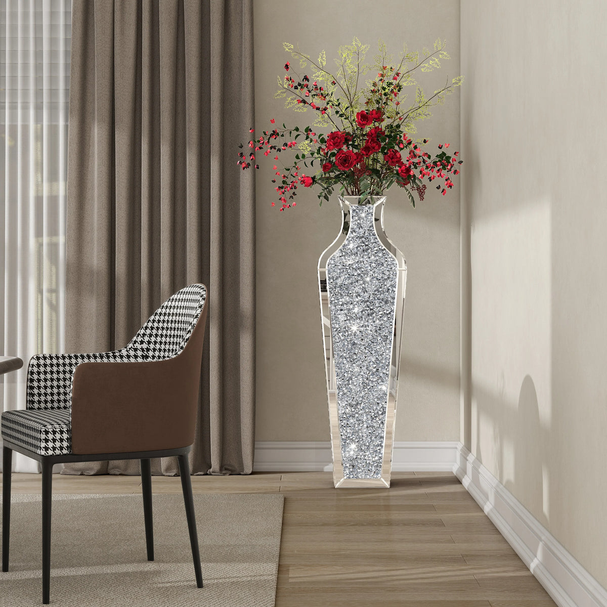 Tall Crushed Diamond Floor Vase, Luxury Decorative Crystal Accent Vase for Living Room, Bedroom and Home Decor