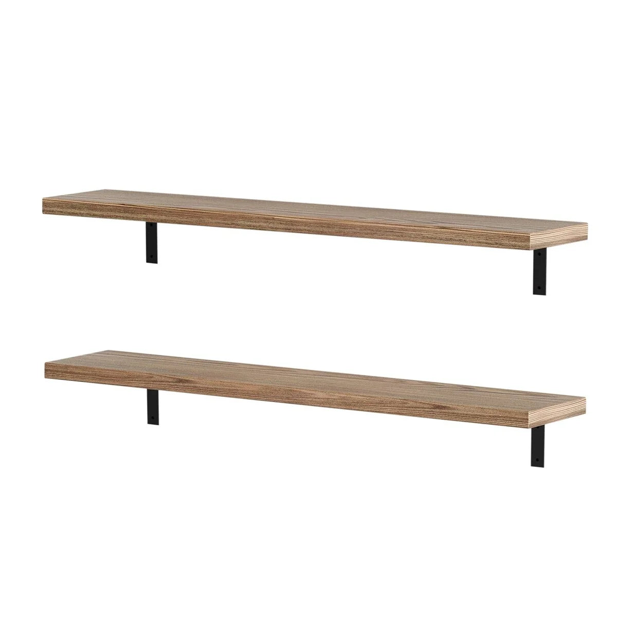 60 Inch Rustic Floating Wall Shelves, 2 Piece Burnt Wood Display and Storage Shelves