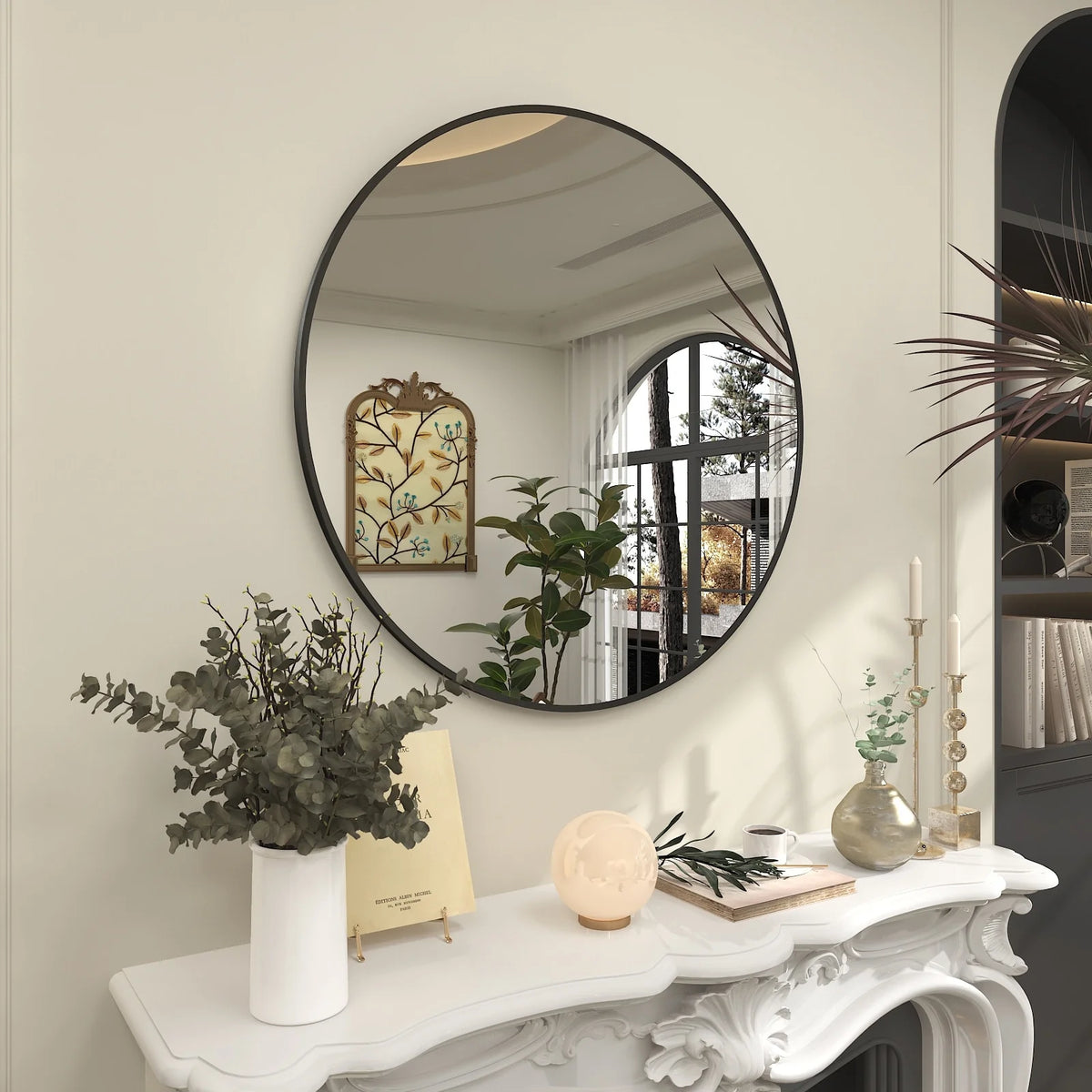 Round Metal Black Frame Bathroom Vanity Mirror, Wall Mounted Decorative Mirror