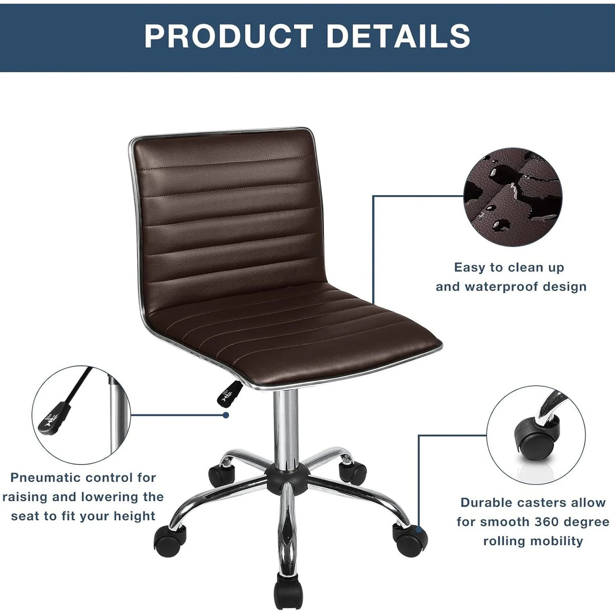 Adjustable Mid-Back Armless Swivel Office Chair, Ribbed Task and Vanity Chair for Small Spaces