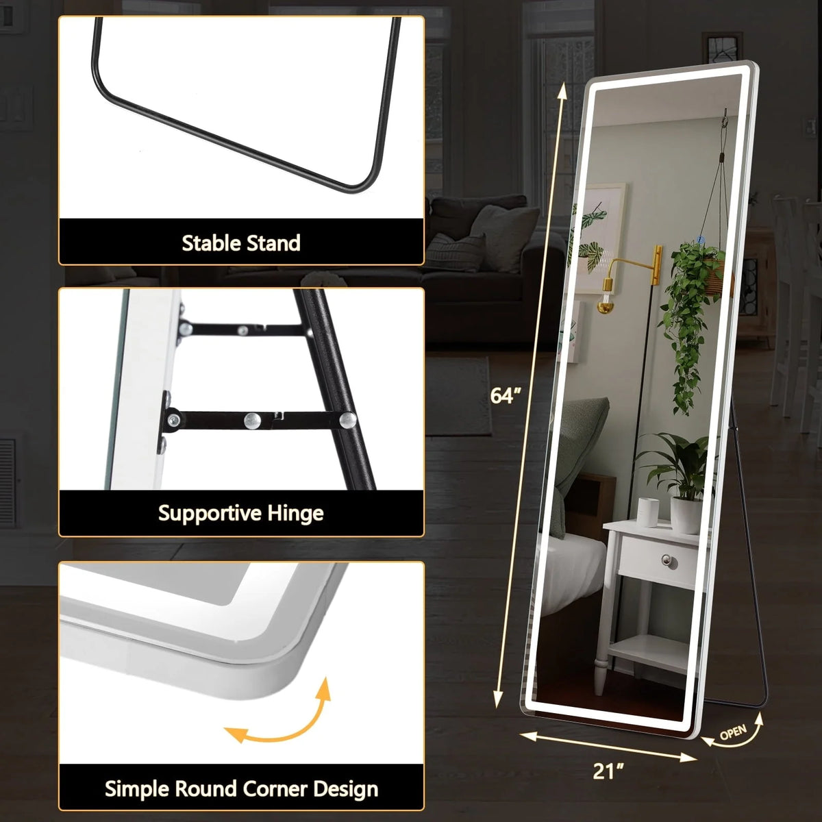 64 x 21 Inch Full Length LED Floor Mirror with Stand, Wall Mounted Full Body Mirror