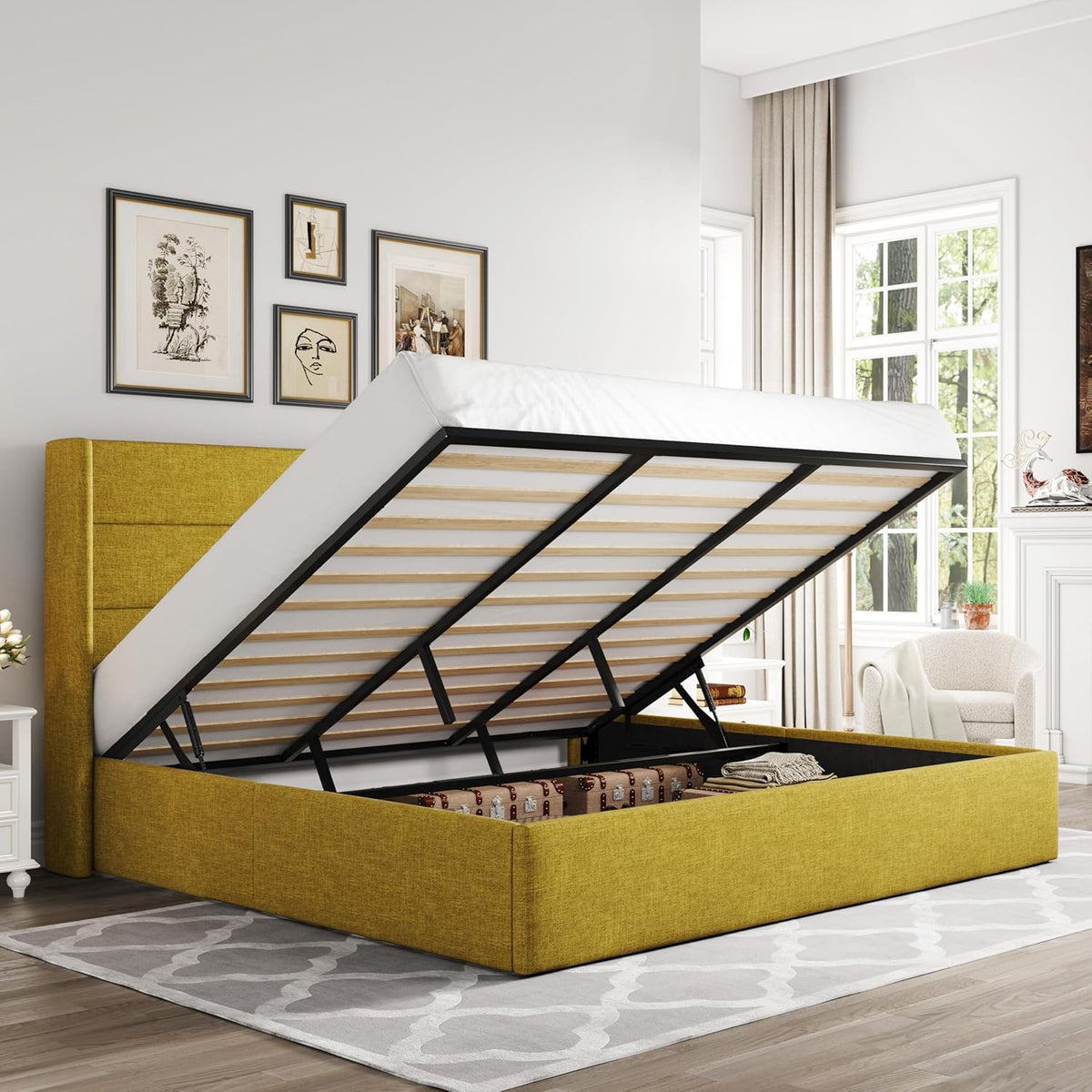 Queen Size Lift Up Storage Bed with Wingback Headboard, Upholstered Platform Bed Frame with Hidden Storage