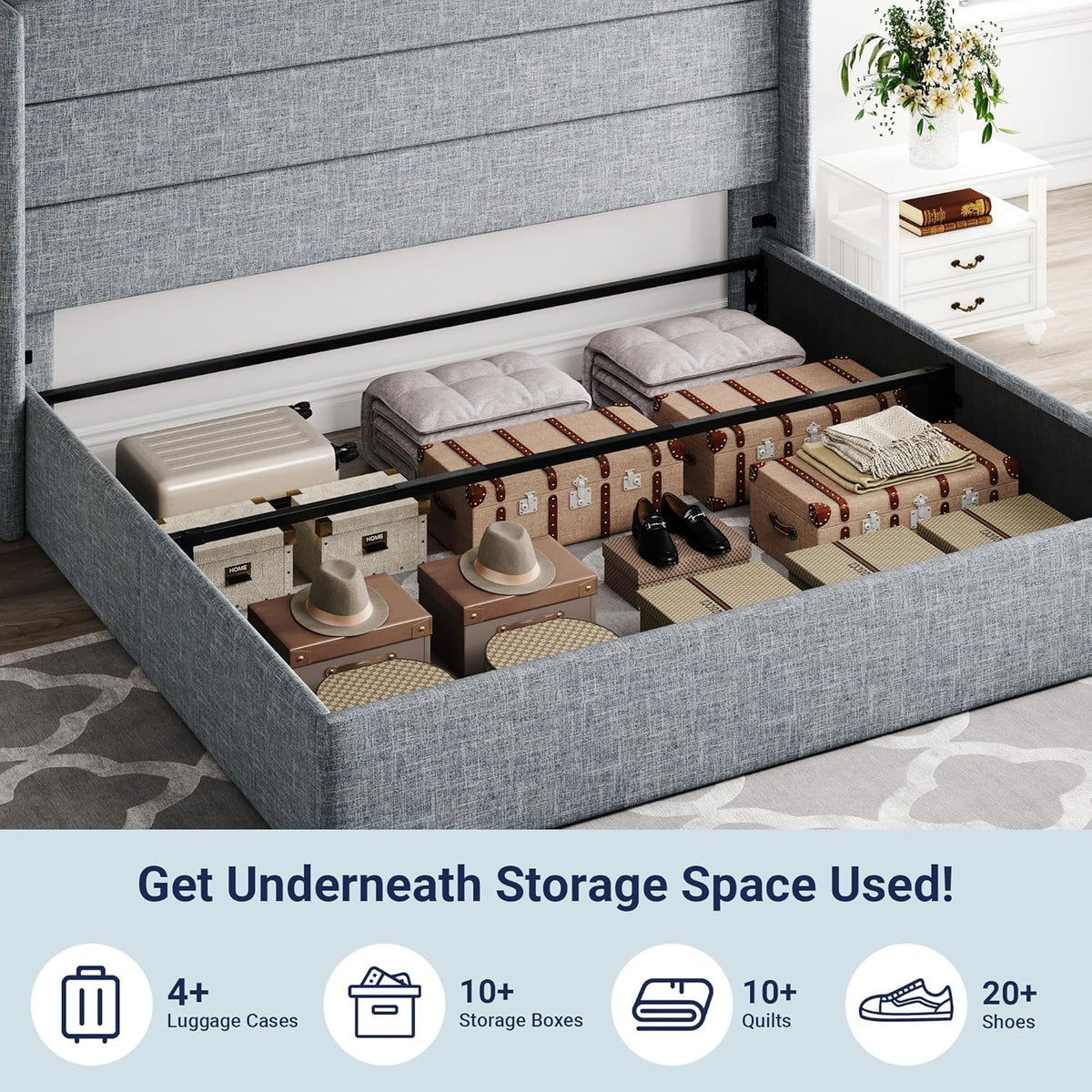 Queen Size Lift Up Storage Bed with Wingback Headboard, Upholstered Platform Bed Frame with Hidden Storage