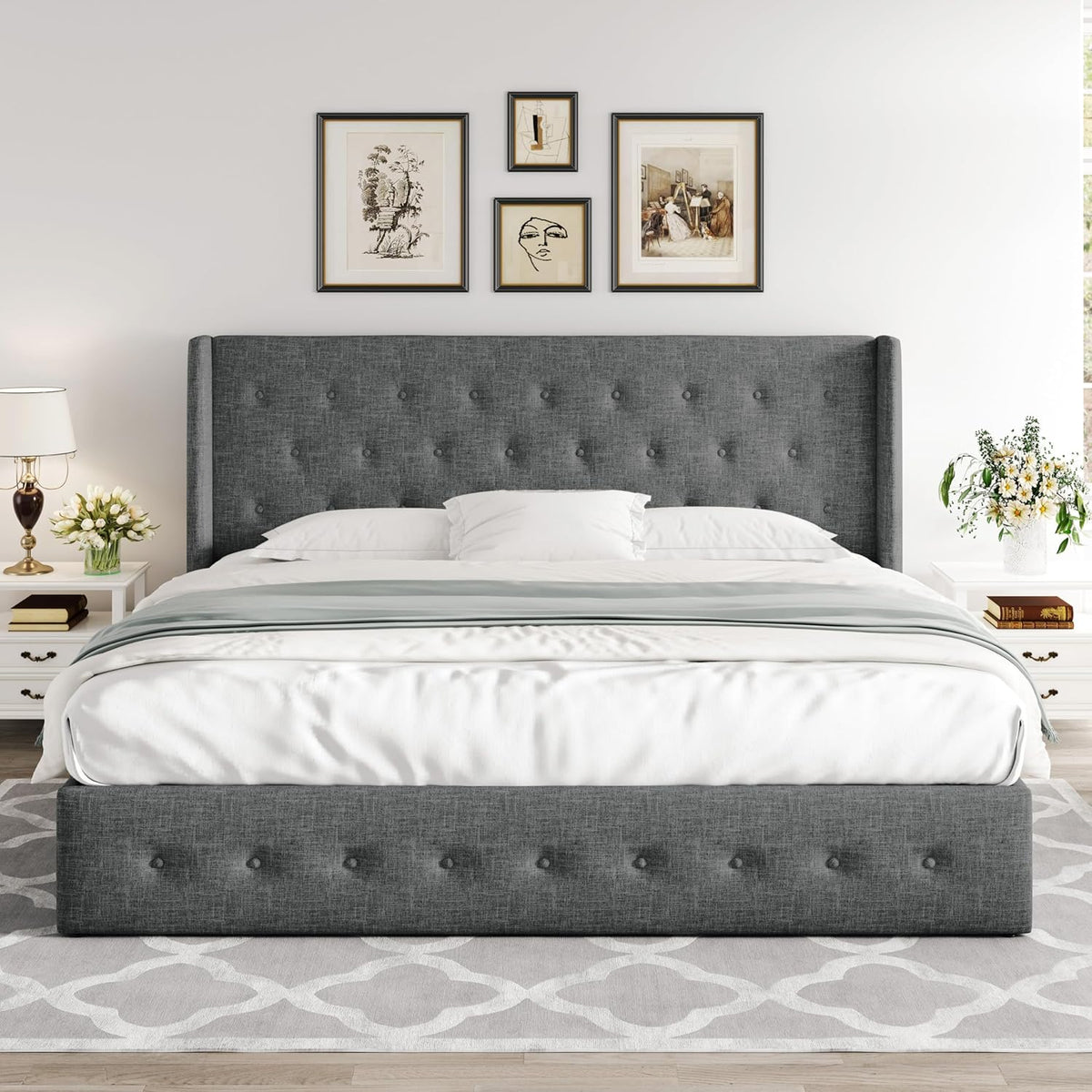 Queen Size Lift Up Storage Bed with Wingback Headboard, Upholstered Platform Bed Frame with Hidden Storage