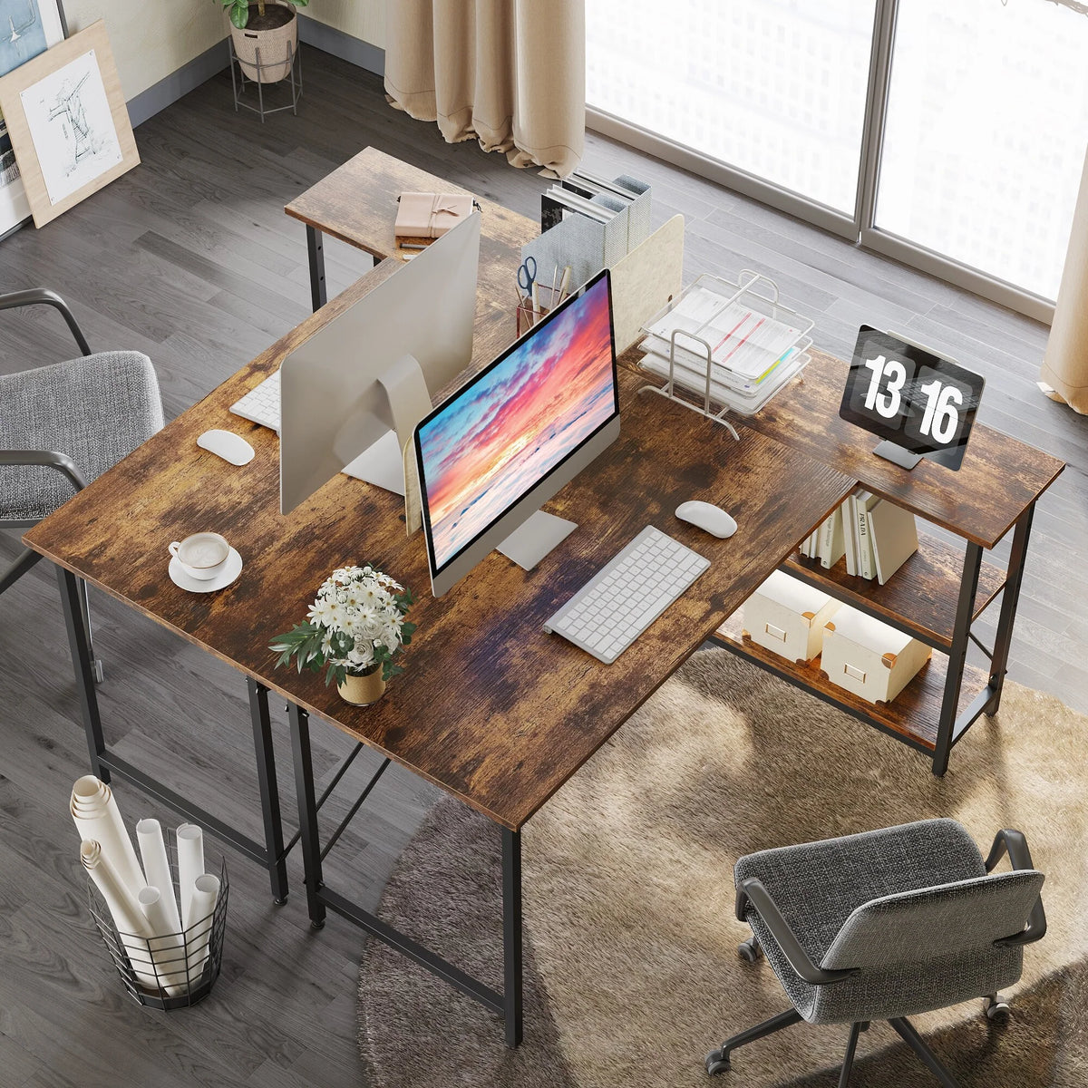 Small L Shaped Computer Desk with Storage Shelves, Compact Corner Workstation for Home Office and Study