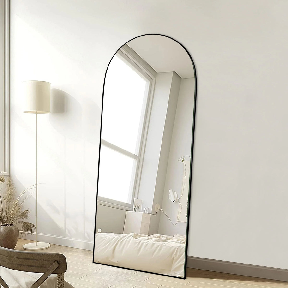 Arched Full Length Wood Floor Mirror, Full Body Standing and Wall Mounted Mirror for Bedroom, Living Room and Home Decor