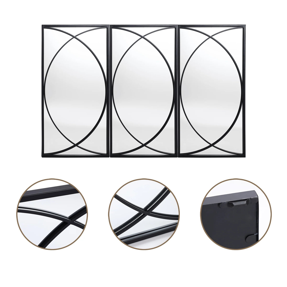 3-Piece Black Metal Rectangular Wall Mirror Set, 31.9" H x 15.75" W x 0.75" D