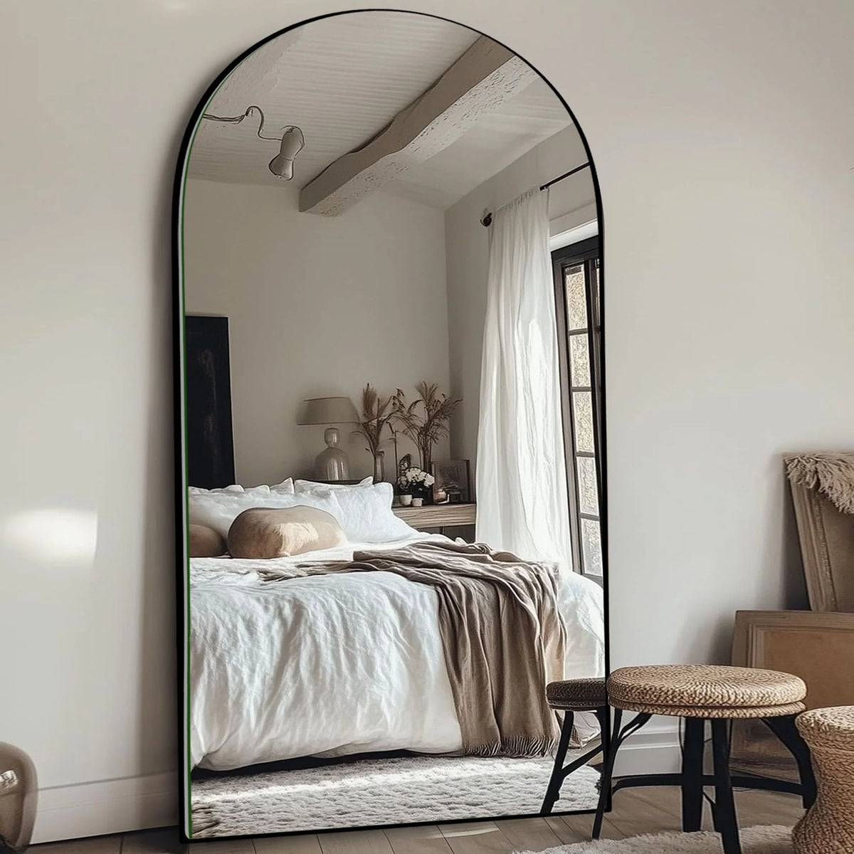 Arched Full Length Wood Floor Mirror, Full Body Standing and Wall Mounted Mirror for Bedroom, Living Room and Home Decor