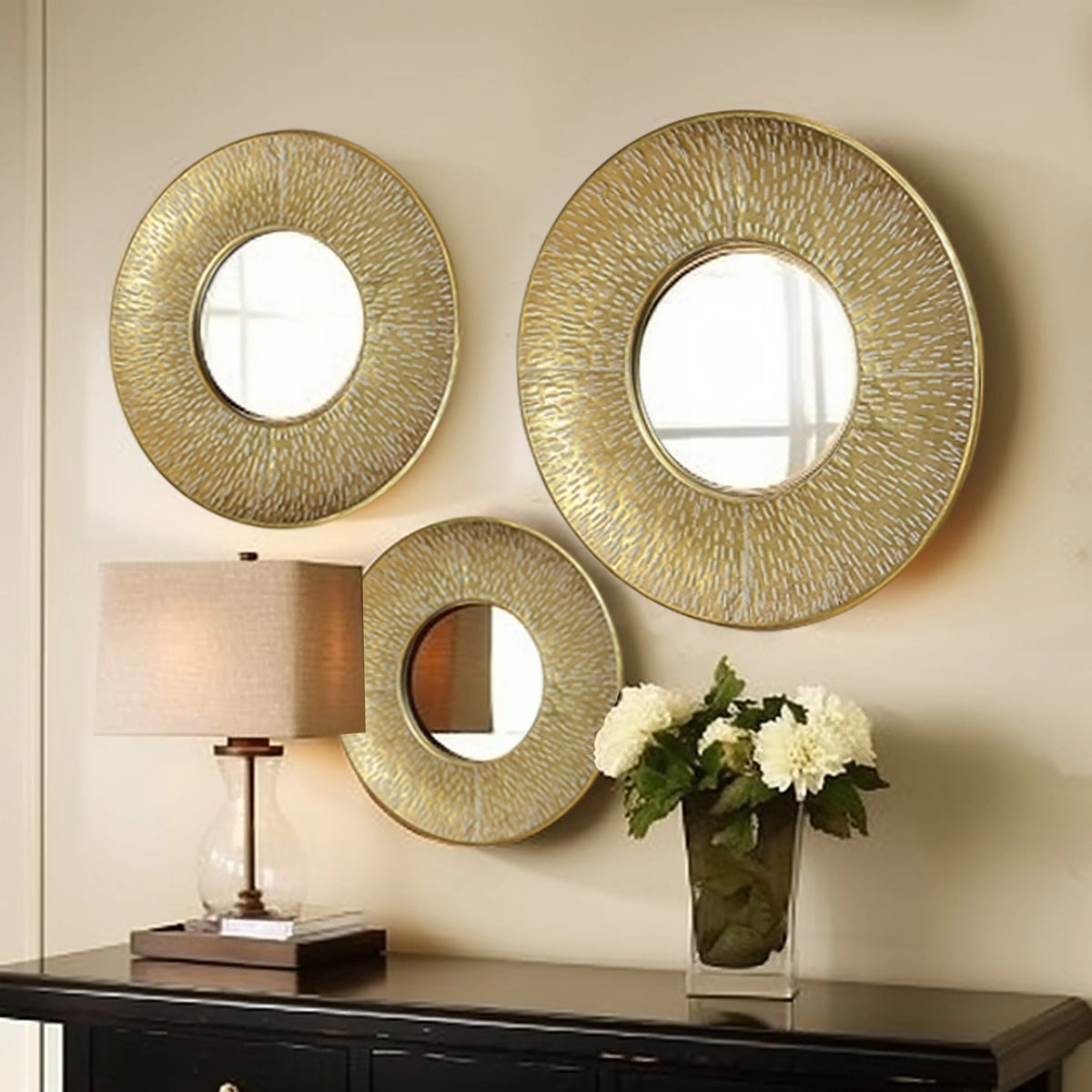 3-Piece Gold Metal Round Wall Mirror Set, 22.25" Diameter x 2.36" Deep, Decorative Wall Mirrors