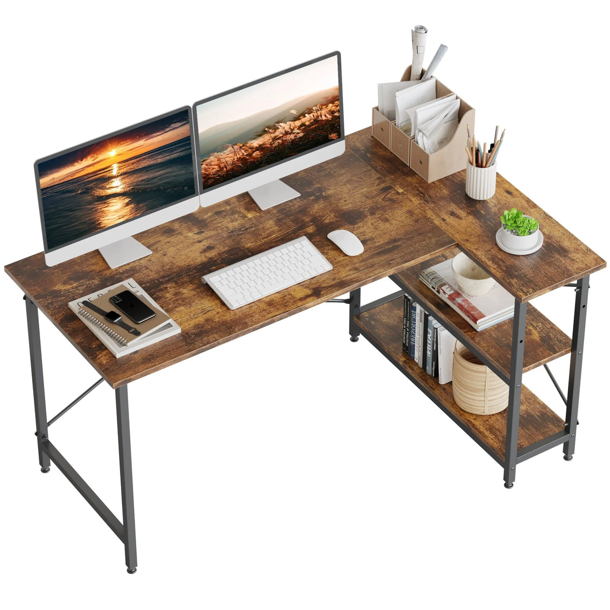 Small L Shaped Computer Desk with Storage Shelves, Compact Corner Workstation for Home Office and Study