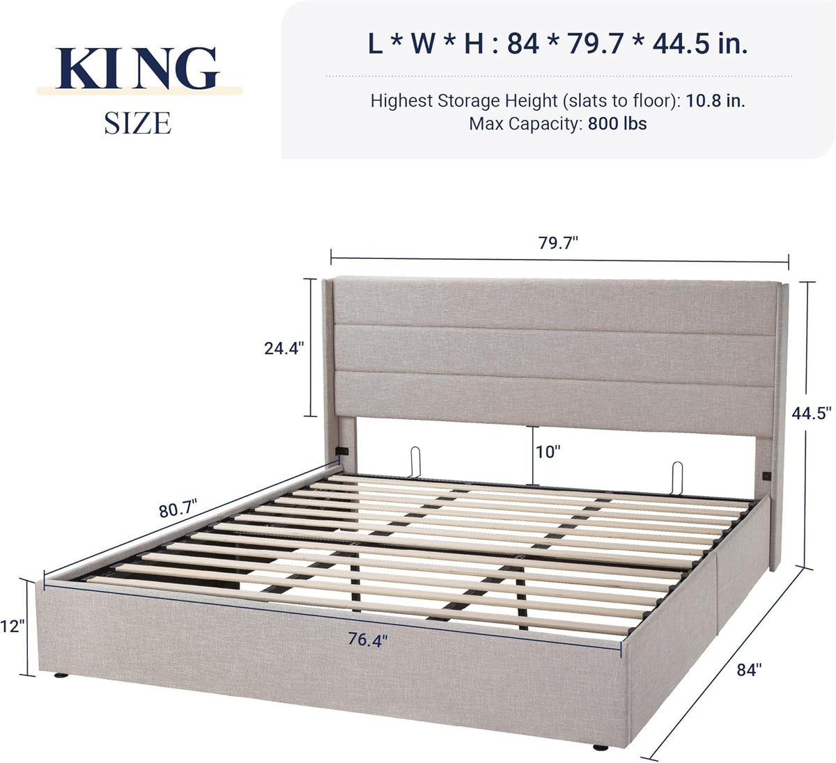 Queen Size Lift Up Storage Bed with Wingback Headboard, Upholstered Platform Bed Frame with Hidden Storage
