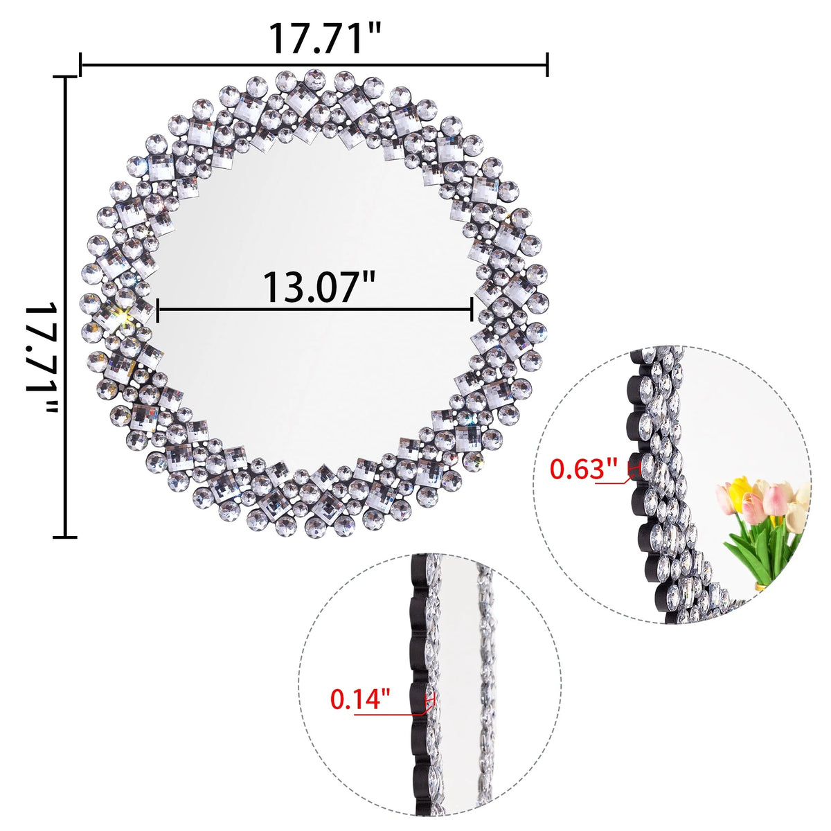 Modern Round Wall Mirror, Crystal Accent Decorative Mirror for Living Room, Bedroom and Entryway