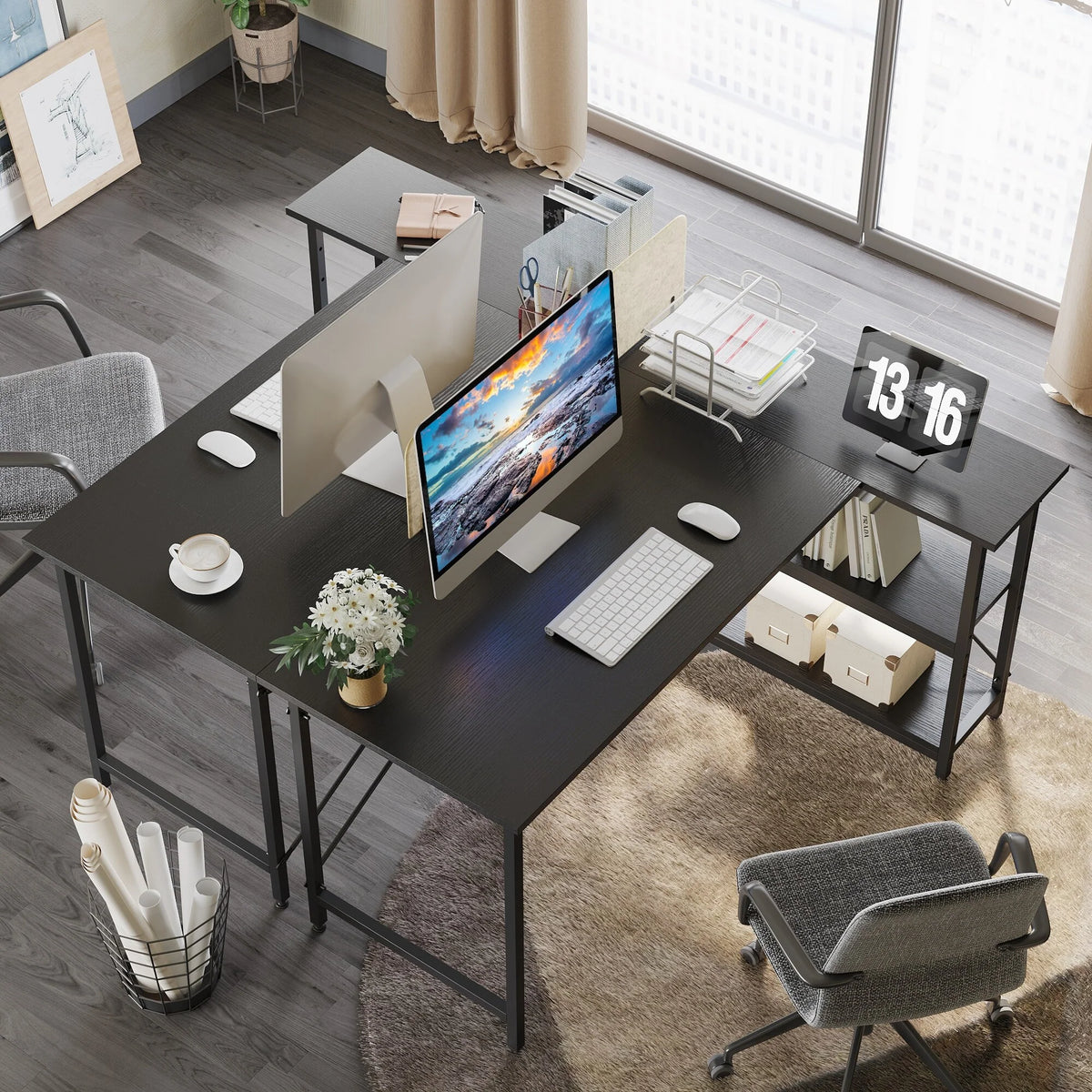 Small L Shaped Computer Desk with Storage Shelves, Compact Corner Workstation for Home Office and Study