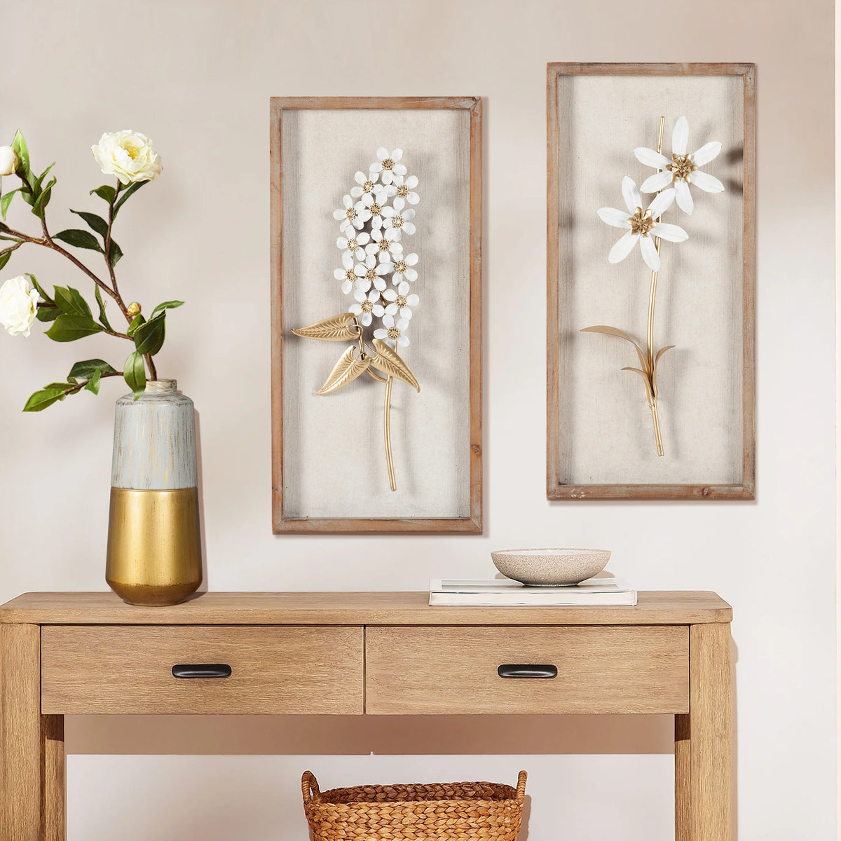 Set of 2 White and Gold Metal Flower Wall Decor with Wood Frames, Decorative Floral Wall Art