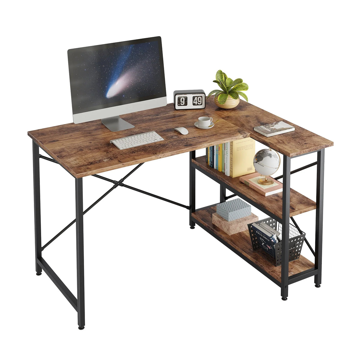 Small L Shaped Computer Desk with Storage Shelves, Compact Corner Workstation for Home Office and Study