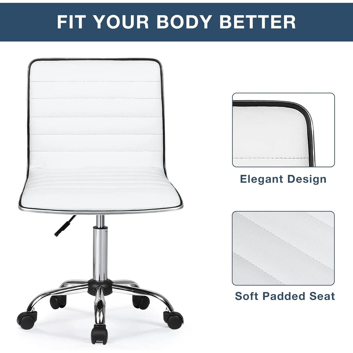 Adjustable Mid-Back Armless Swivel Office Chair, Ribbed Task and Vanity Chair for Small Spaces