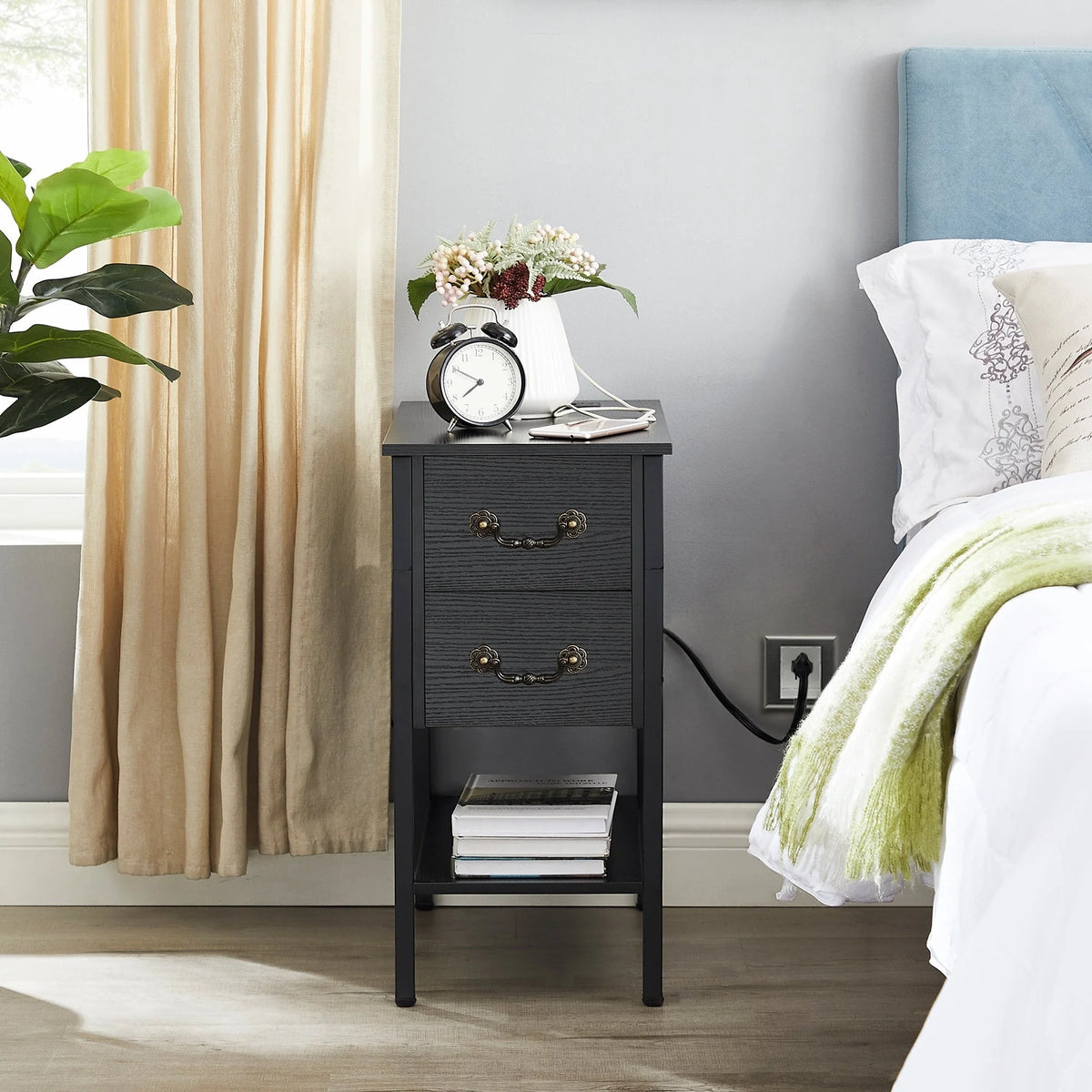 Narrow End Table with Charging Station, Chairside Table with Drawers, USB Ports and Power Outlets