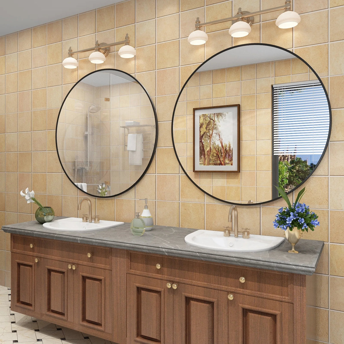 Round Metal Black Frame Bathroom Vanity Mirror, Wall Mounted Decorative Mirror