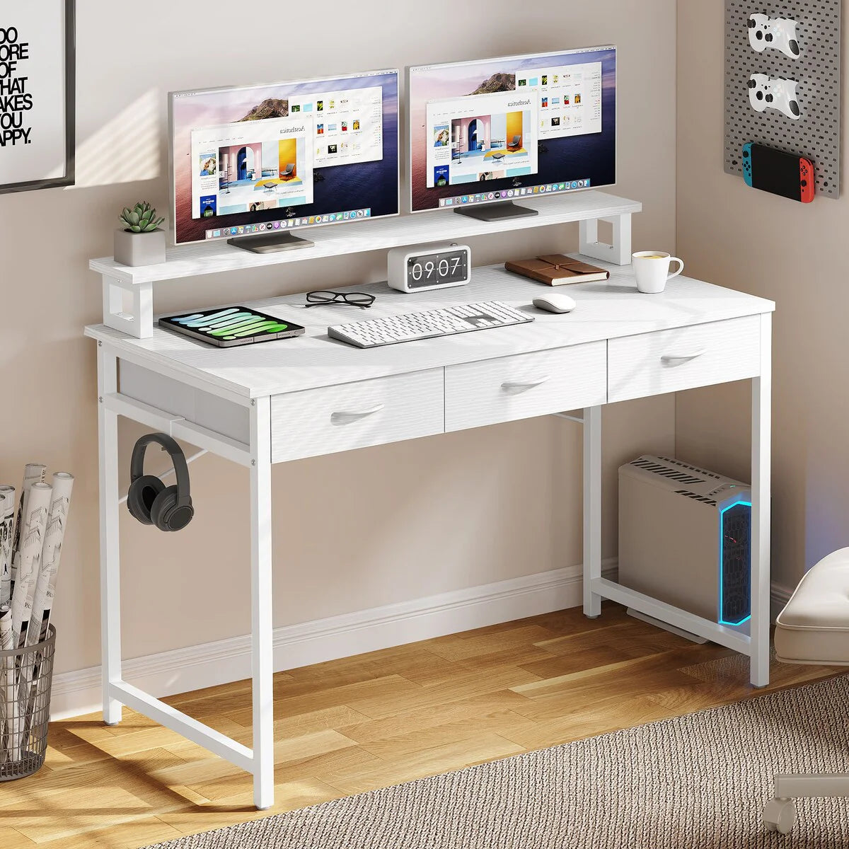 Small Computer Desk with Fabric Drawers and Monitor Stand, Compact Home Office Workstation for Small Spaces