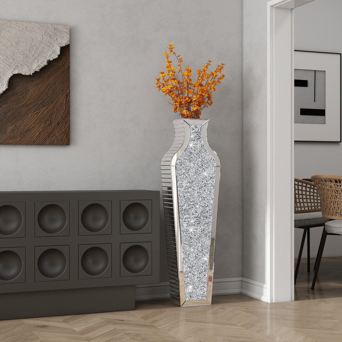 Tall Crushed Diamond Floor Vase, Luxury Decorative Crystal Accent Vase for Living Room, Bedroom and Home Decor