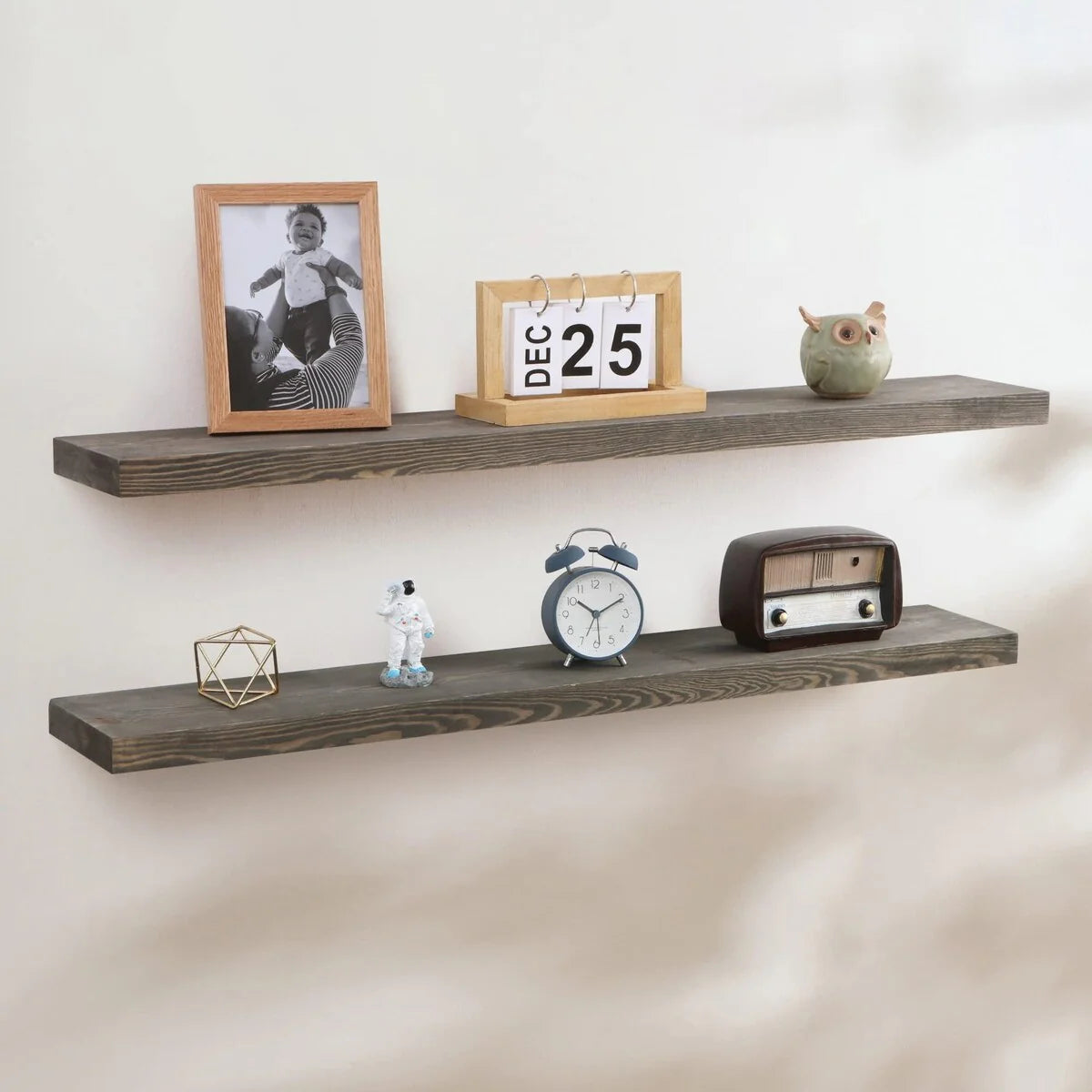 Set of 2 Handcrafted European Pine Floating Wall Shelves, Natural Rustic Wood